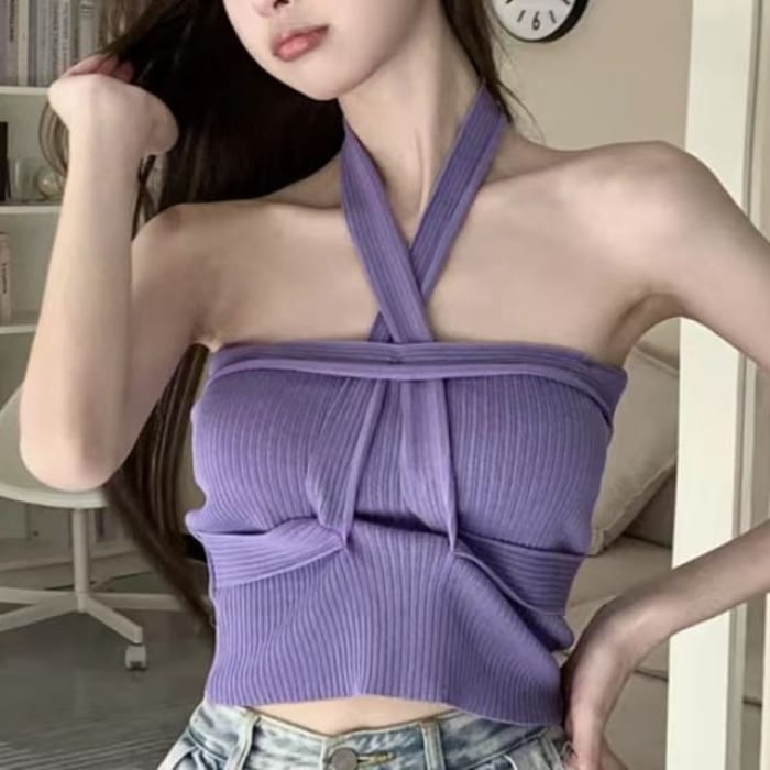 Halter Plain Ribbed Crop Knit Top - Purple / One Size