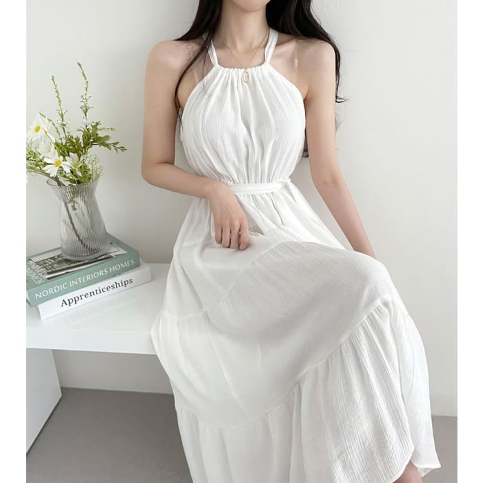 Halter Plain Tiered Midi A-Line Sundress