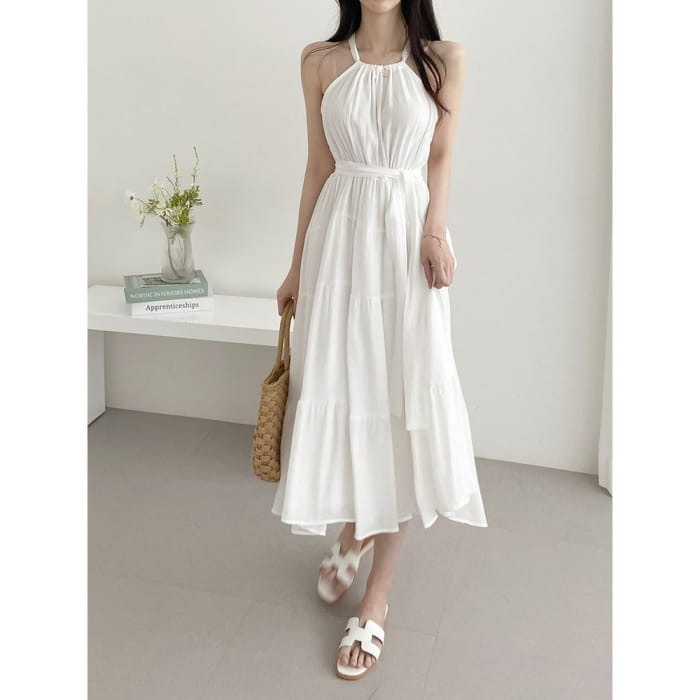 Halter Plain Tiered Midi A-Line Sundress