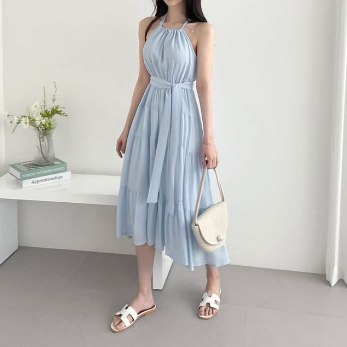 Halter Plain Tiered Midi A-Line Sundress