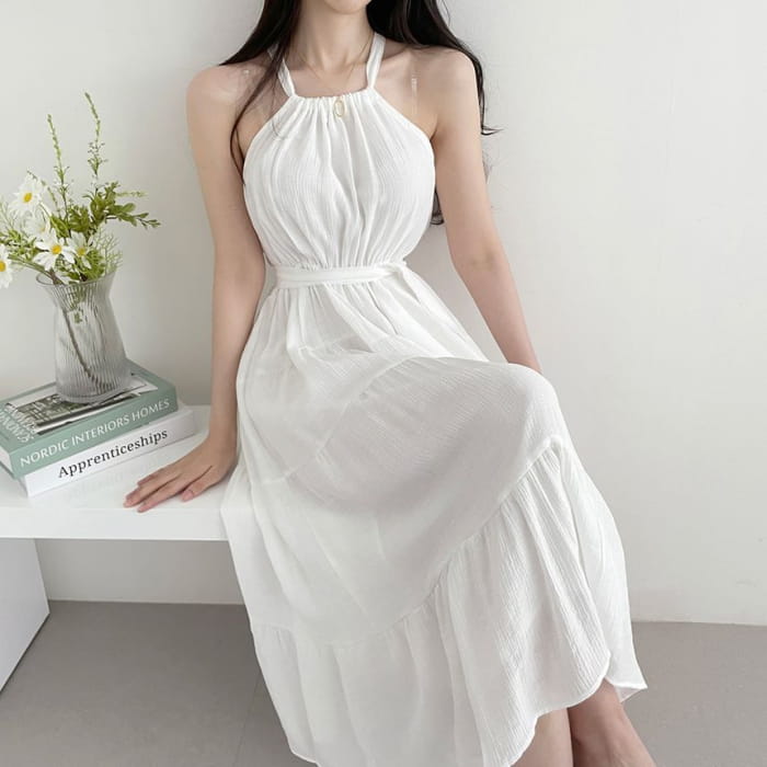 Halter Plain Tiered Midi A-Line Sundress