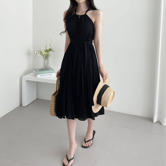 Halter Plain Tiered Midi A-Line Sundress