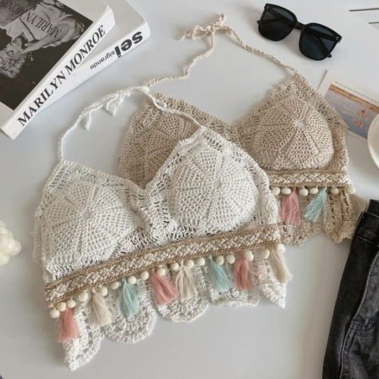 Halter Tassel Crochet Knit Bralette