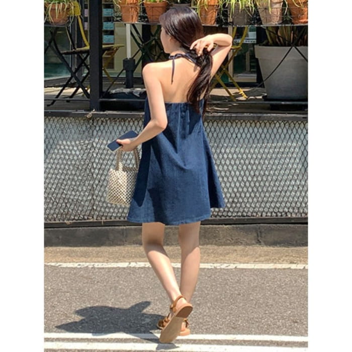 Halter Washed Mini A-Line Denim Dress