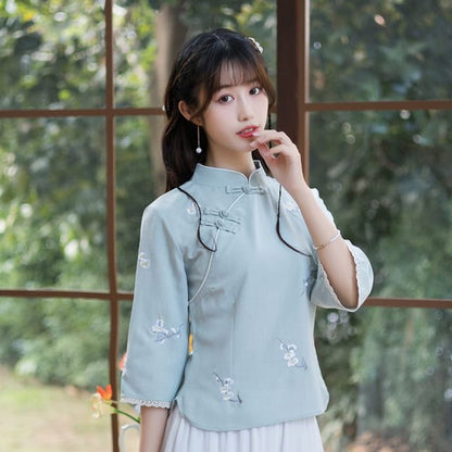 Hanfu Embroidered Top - Light Green / M