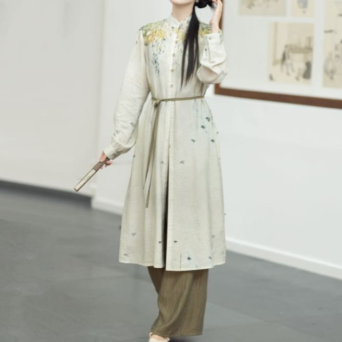 Hanfu Floral Long Cardigan / Plain Camisole Top / Wide Leg