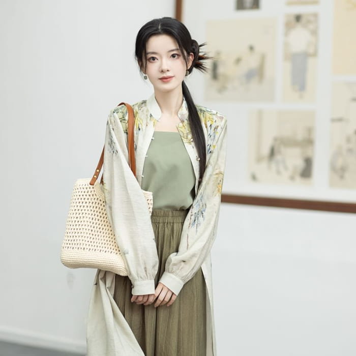 Hanfu Floral Long Cardigan / Plain Camisole Top / Wide Leg