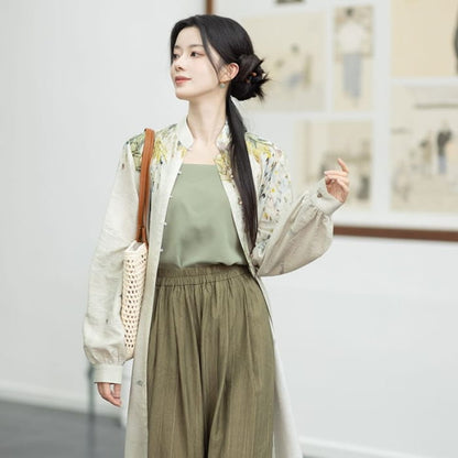 Hanfu Floral Long Cardigan / Plain Camisole Top / Wide Leg