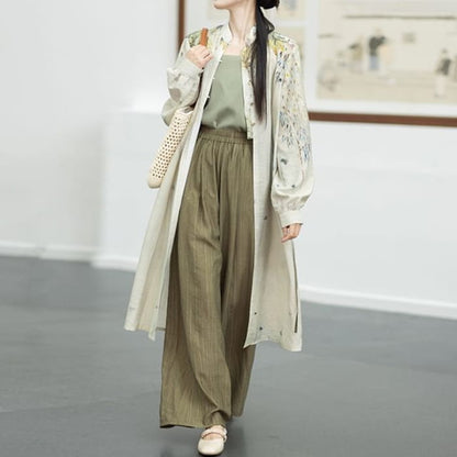 Hanfu Floral Long Cardigan / Plain Camisole Top / Wide Leg