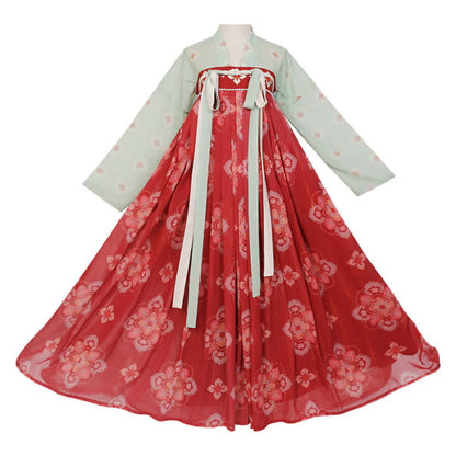 Hanfu Vintage Flower Print Set - Red / M