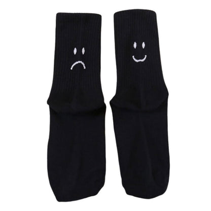 Happy and Sad Face Print Socks - Black