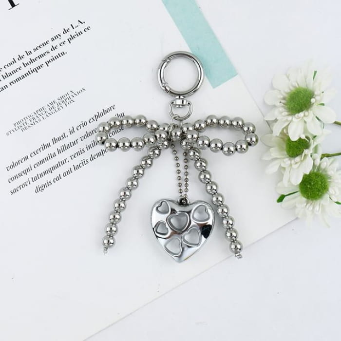 Heart Bow Bead Keyring - Q1640-2 - Silver / One Size