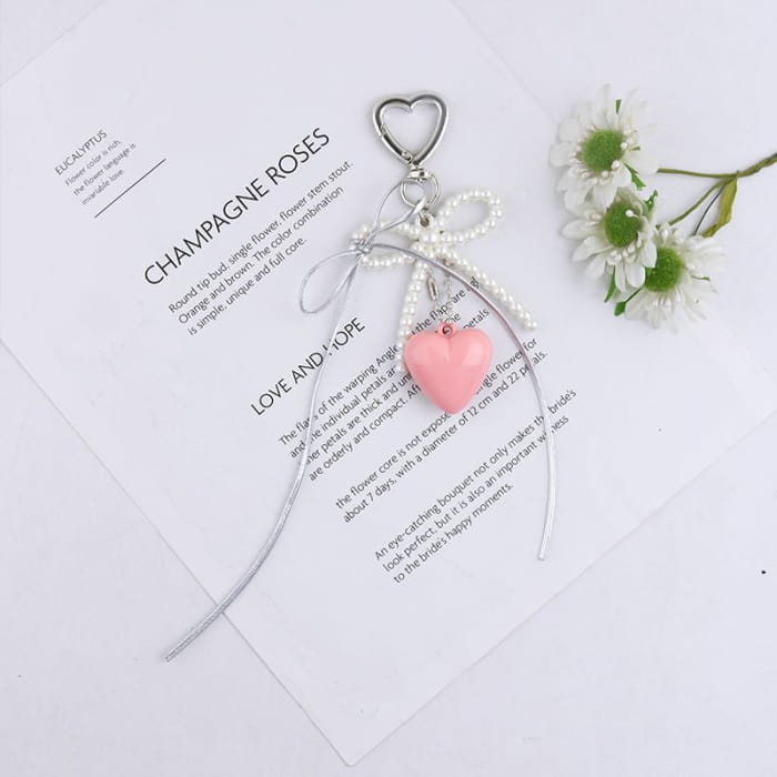 Heart Bow Faux Pearl Resin Bag Charm Keyring