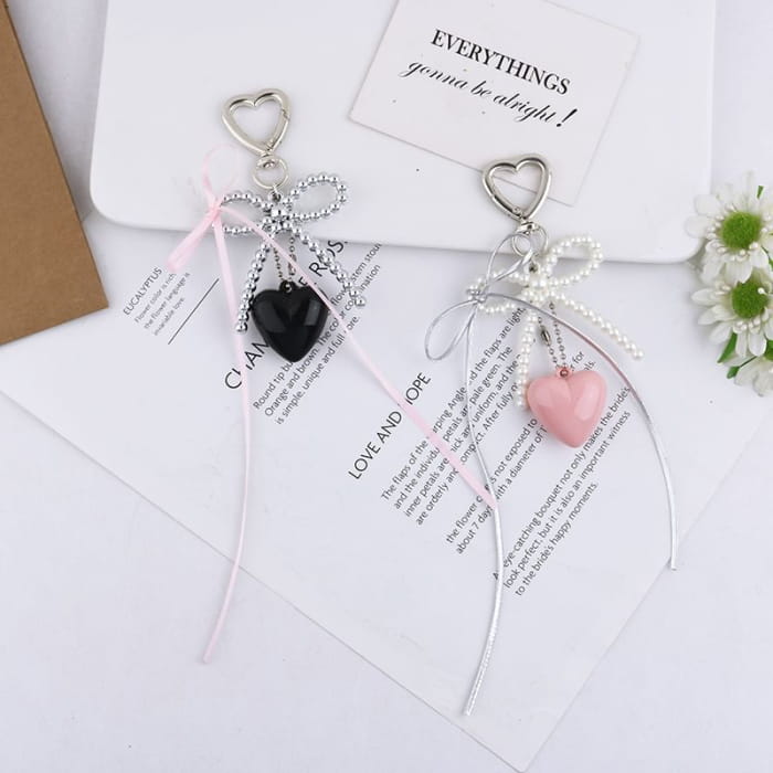 Heart Bow Faux Pearl Resin Bag Charm Keyring