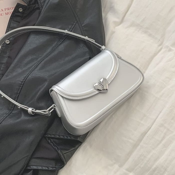 Heart Buckle Flap Crossbody Bag - Silver / One Size