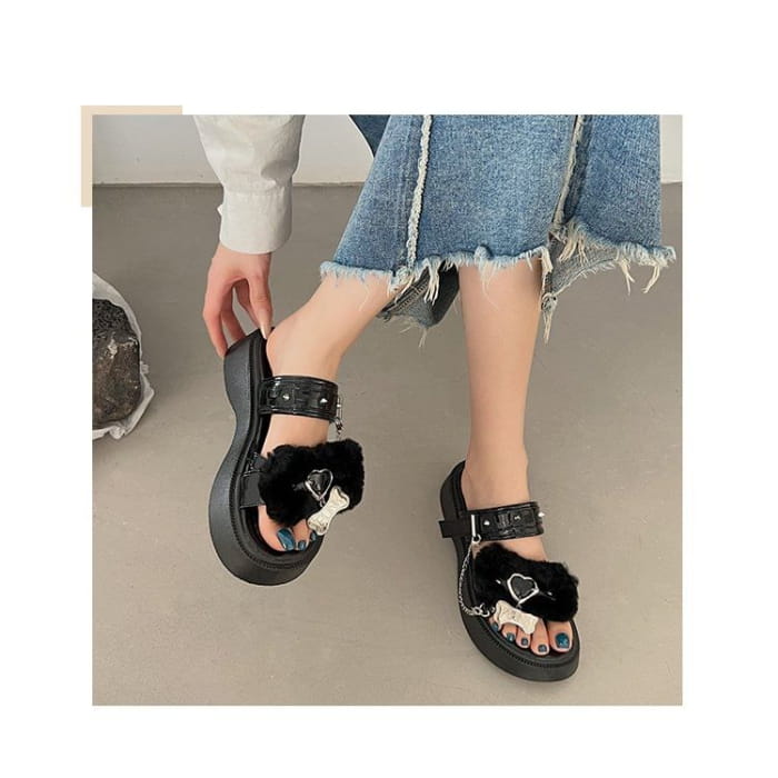 Heart Buckled Studded Platform Slide Sandals