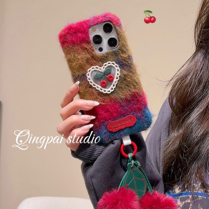 Heart Cherry Embroidered Chenille Phone Case / Charm / Set