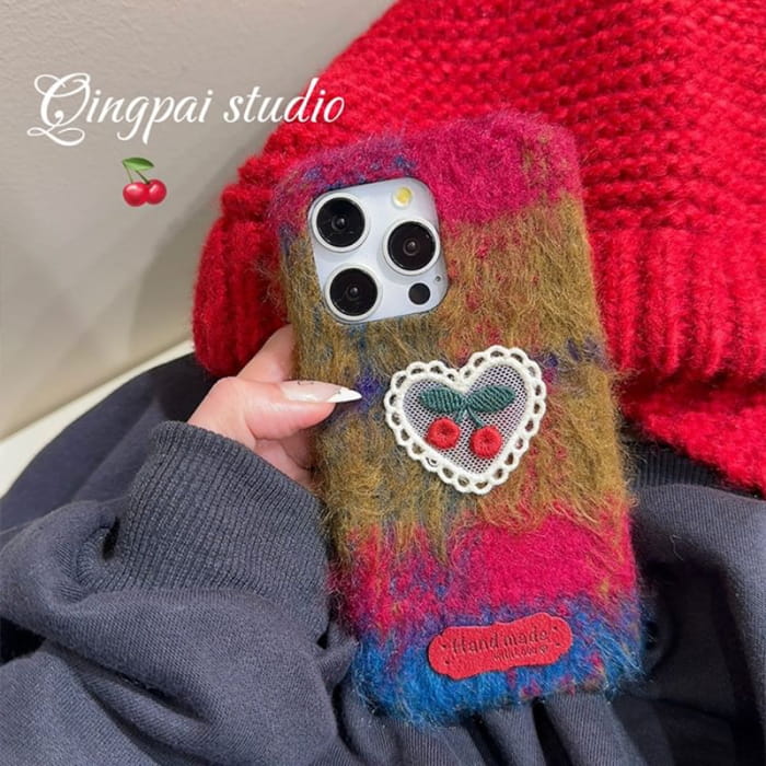 Heart Cherry Embroidered Chenille Phone Case / Charm / Set