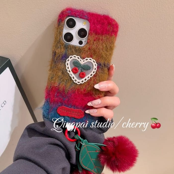 Heart Cherry Embroidered Chenille Phone Case / Charm / Set