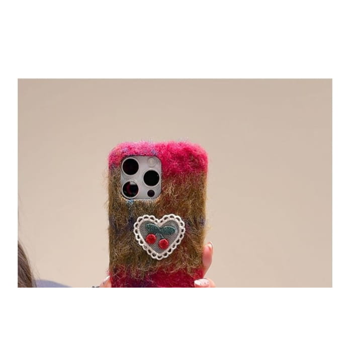 Heart Cherry Embroidered Chenille Phone Case / Charm / Set