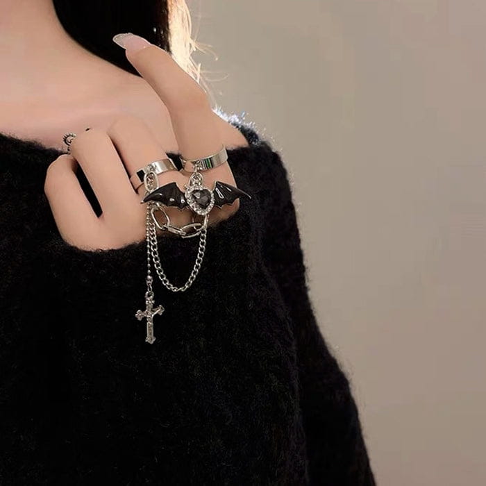 Heart Cross Double Ring - Adjustable / Silver - ring