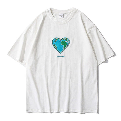 Heart Earth Embroidered Tee - S / White / T-Shirt - T-Shirts