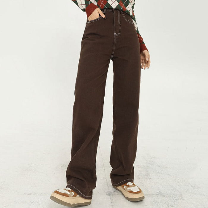 Heart Embroidery Brown Wide Jeans