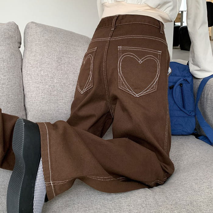 Heart Embroidery Brown Wide Jeans