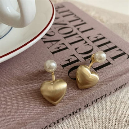 Heart Faux Pearl Alloy Ear Jacket - 1 Pair - Gold / One Size