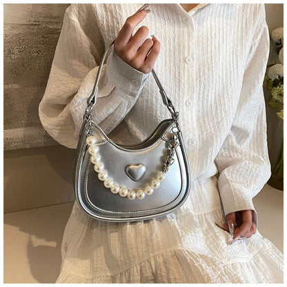 Heart Faux Pearl Chain Shoulder Bag