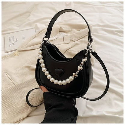 Heart Faux Pearl Chain Shoulder Bag - Black / One Size