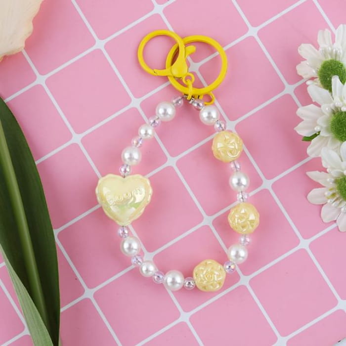 Heart Faux Pearl Keyring - Q1624-1 - Yellow & White