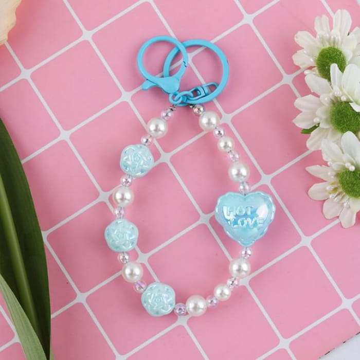 Heart Faux Pearl Keyring - Q1624-3 - Blue & White / One Size