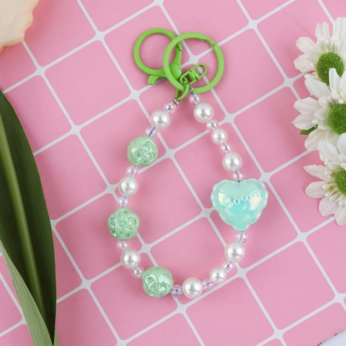 Heart Faux Pearl Keyring - Q1624-4 - Green & Blue White