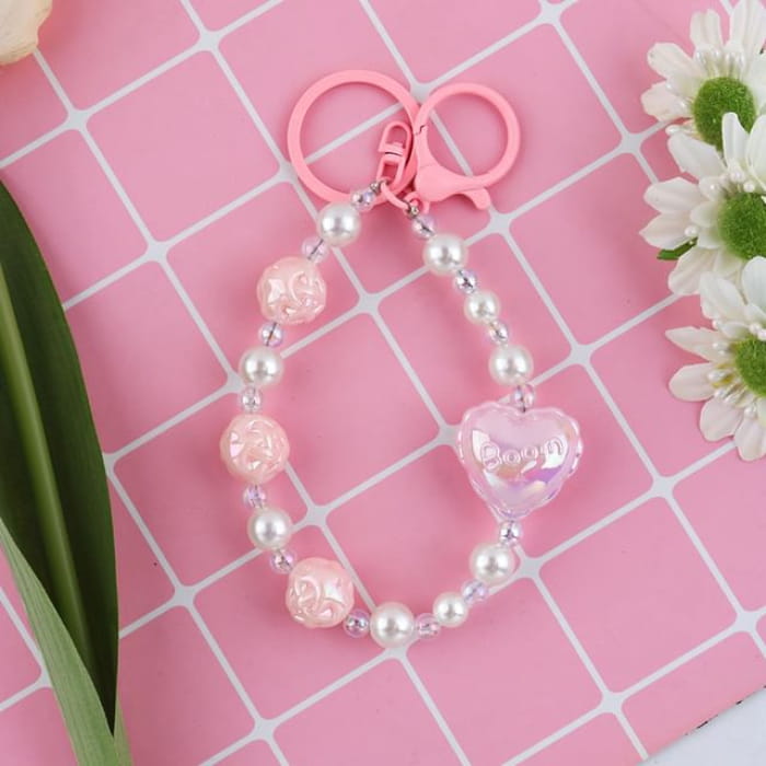 Heart Faux Pearl Keyring - Q1624-5 - Pink & White / One Size