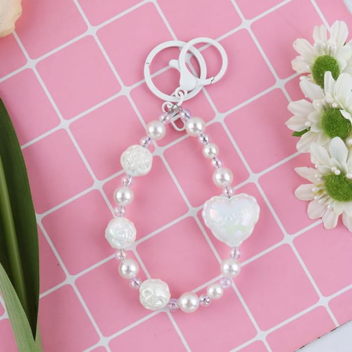 Heart Faux Pearl Keyring - Q1624-7 - White / One Size