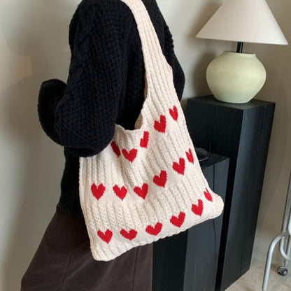 Heart Jacquard Knit Tote Bag