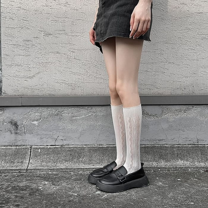 Heart Jacquard Perforated Knee High Socks