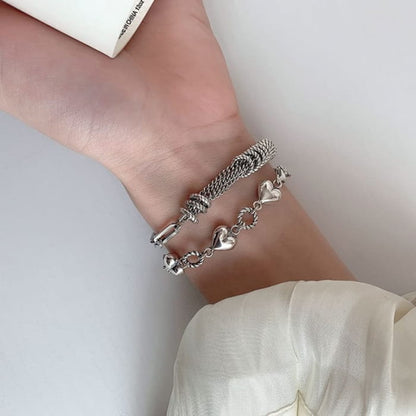 Heart Layered Alloy Bracelet - SL0300 - Silver / One Size