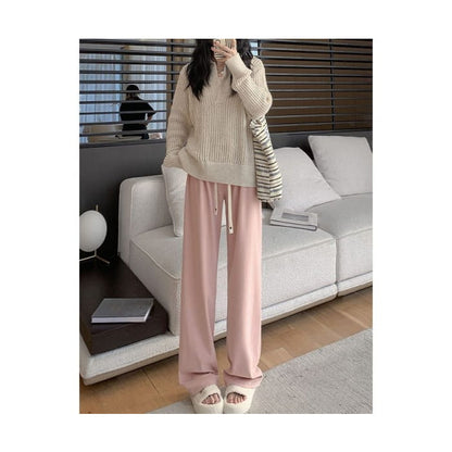 Heart Logo High Rise Drawstring Plain Wide Leg Sweatpants