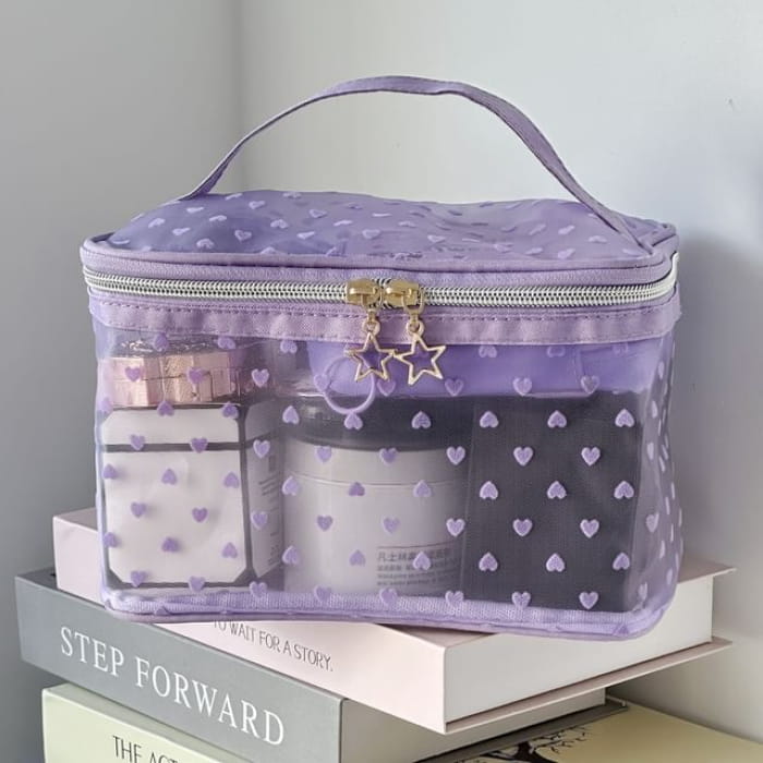 Heart Nylon Makeup Bag / Toiletry - Purple / One Size