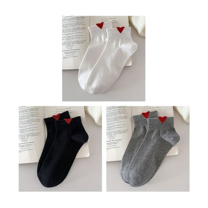 Heart Patterned Short Socks Set - Of 3 Pairs - White &