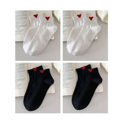 Heart Patterned Short Socks Set - Of 4 Pairs - 2 - White &