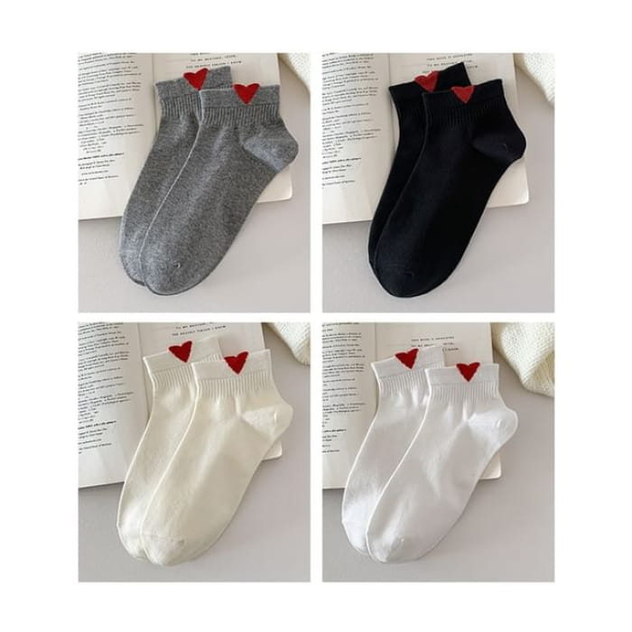 Heart Patterned Short Socks Set - Of 4 Pairs - Gray & Black