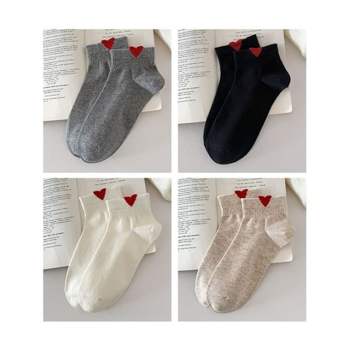 Heart Patterned Short Socks Set - Of 4 Pairs - Gray & Black