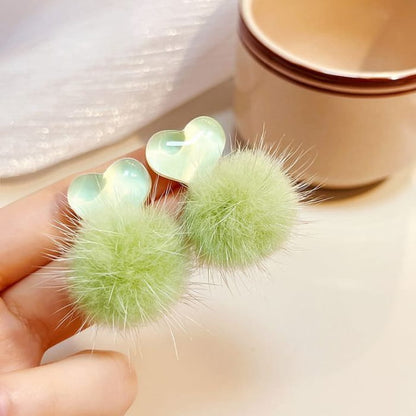 Heart Pom Drop earring - 1 Pair - E2027-5 - Green / One Size