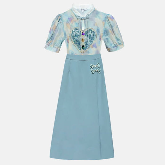 Heart Print Shirt Blue Skirt Set - S