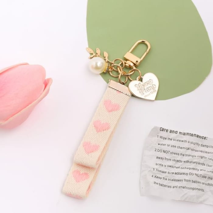 Heart Strap Faux Pearl Bag Charm Keyring (Various Designs)