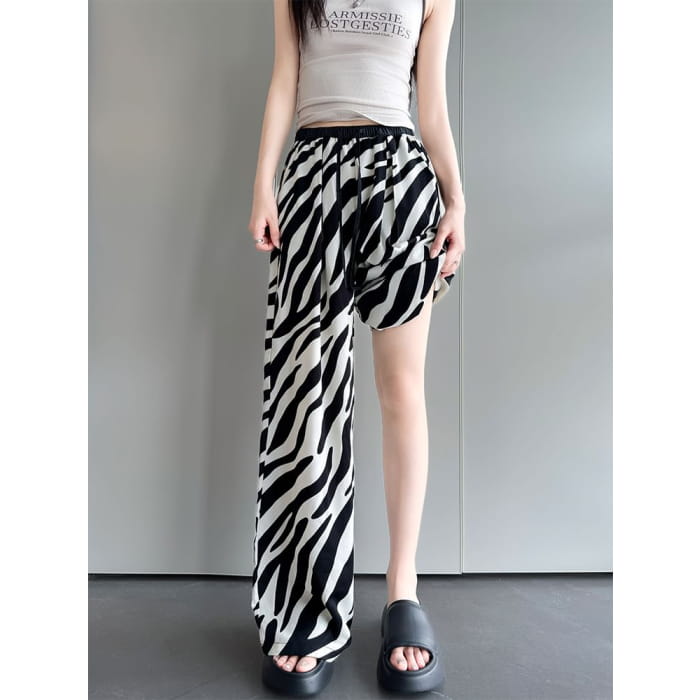 High Rise Animal Print Drawstring Wide Leg Sweatpants