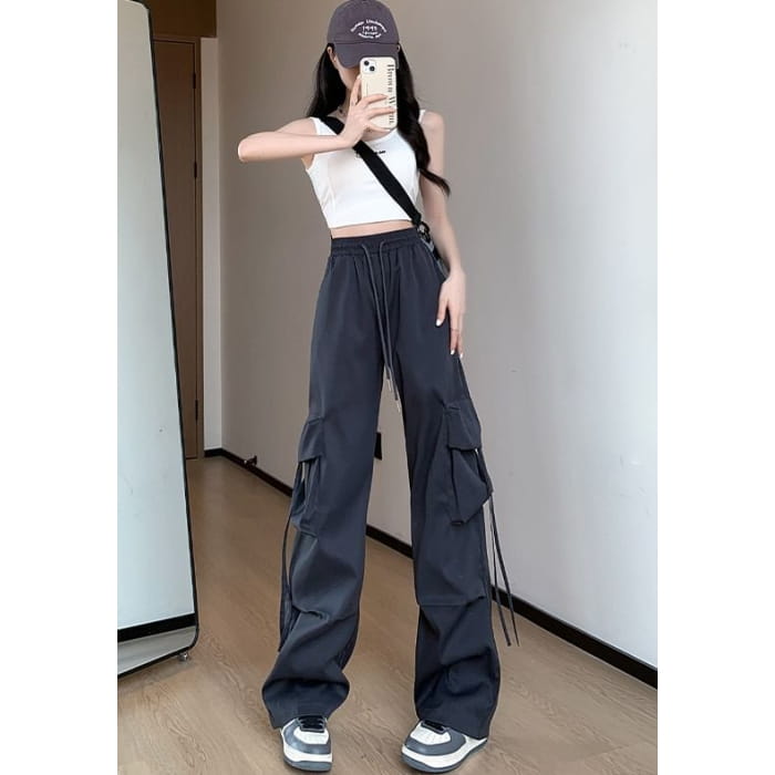 High Rise Drawstring Pocket Plain Wide Leg Cargo Sweatpants